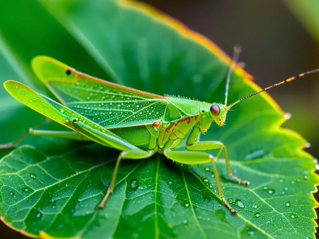 Un katydid verde vibrante posado en una hoja, con sus alas extendidas y gotas de rocío brillantes