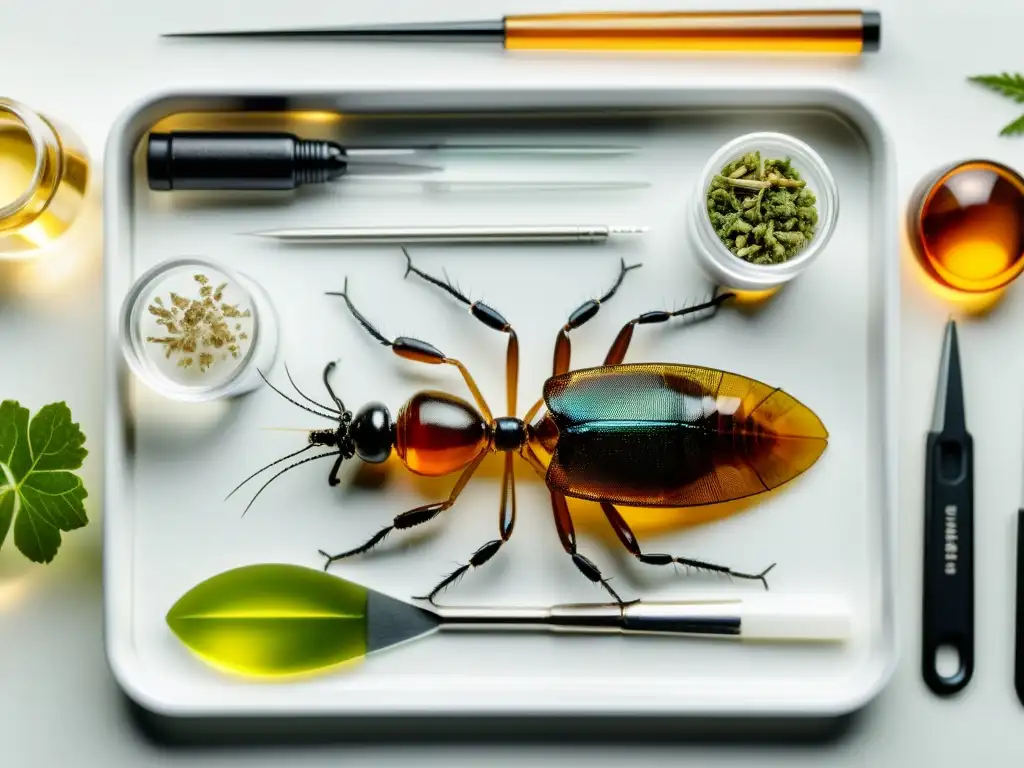 Kits de disección de insectos en mesa de laboratorio blanco, con herramientas y especímenes detallados, ambiente educativo y acogedor