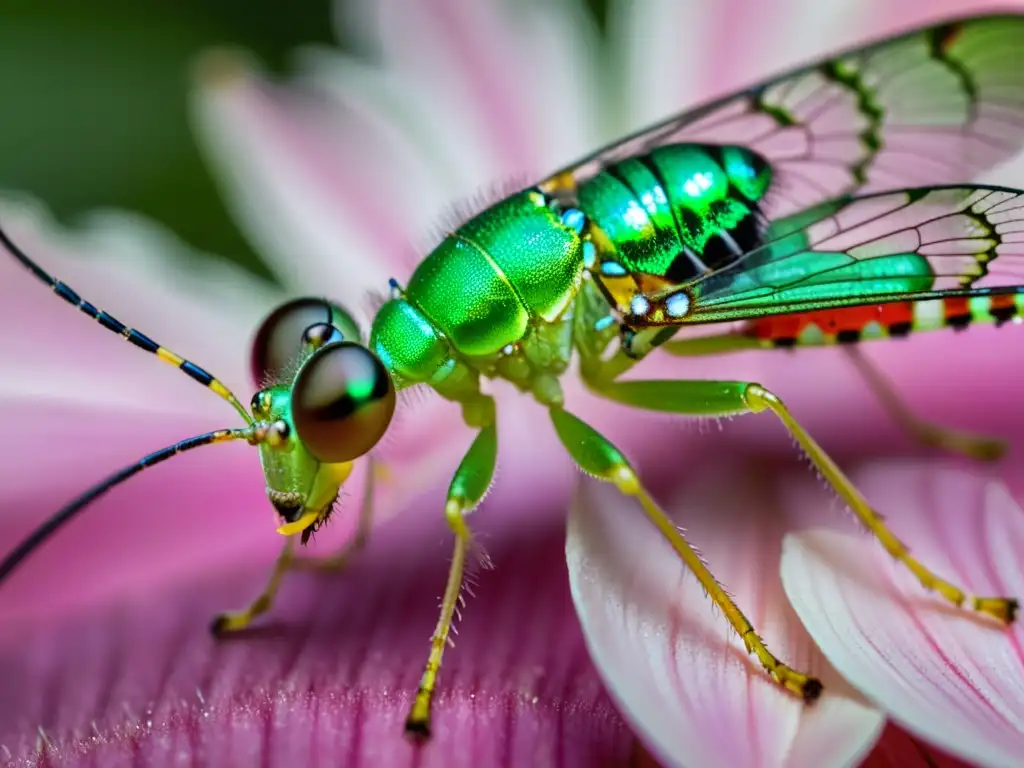 Un lacewing verde vibrante descansa en un pétalo rosa, con sus alas translúcidas y ojos iridiscentes