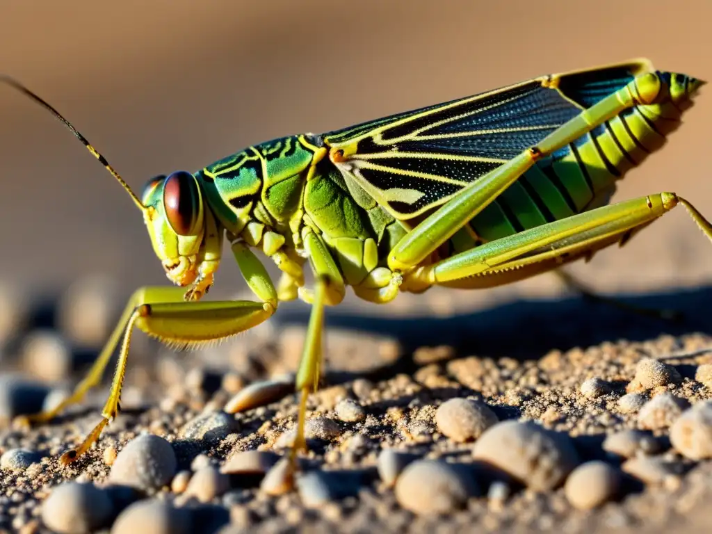 Una langosta del desierto detallada y poderosa se prepara para migrar en un paisaje árido y hostil