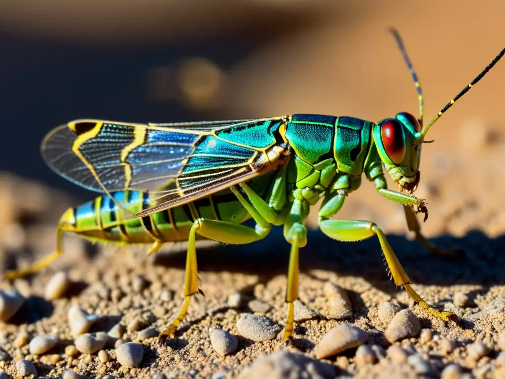 Una langosta del desierto, detallada y solitaria, muestra sus características adaptativas en un suelo árido