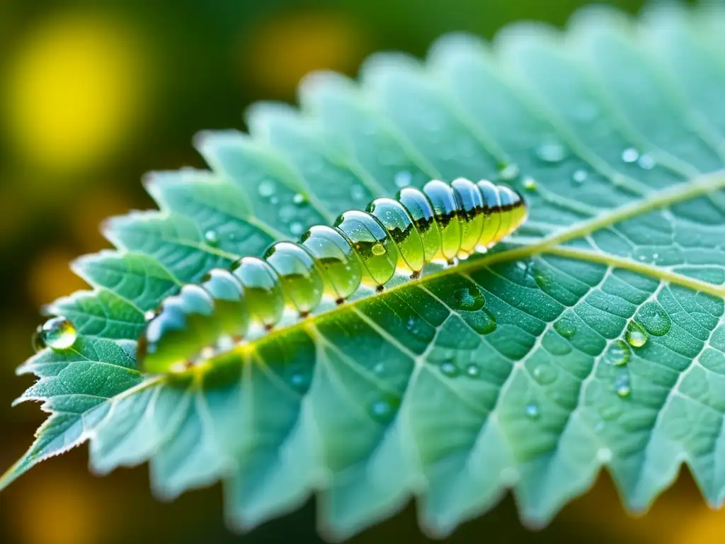 Una larva minúscula y transparente en una hoja, con gotas de rocío y luz del sol, muestra estrategias de supervivencia larvaria en la naturaleza