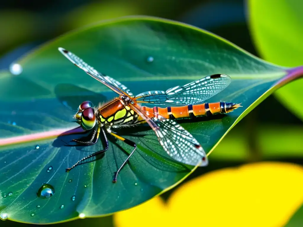 Una libélula colorida descansa en un nenúfar verde, mientras el sol brilla y el agua refleja la importancia de los insectos en la hidrología