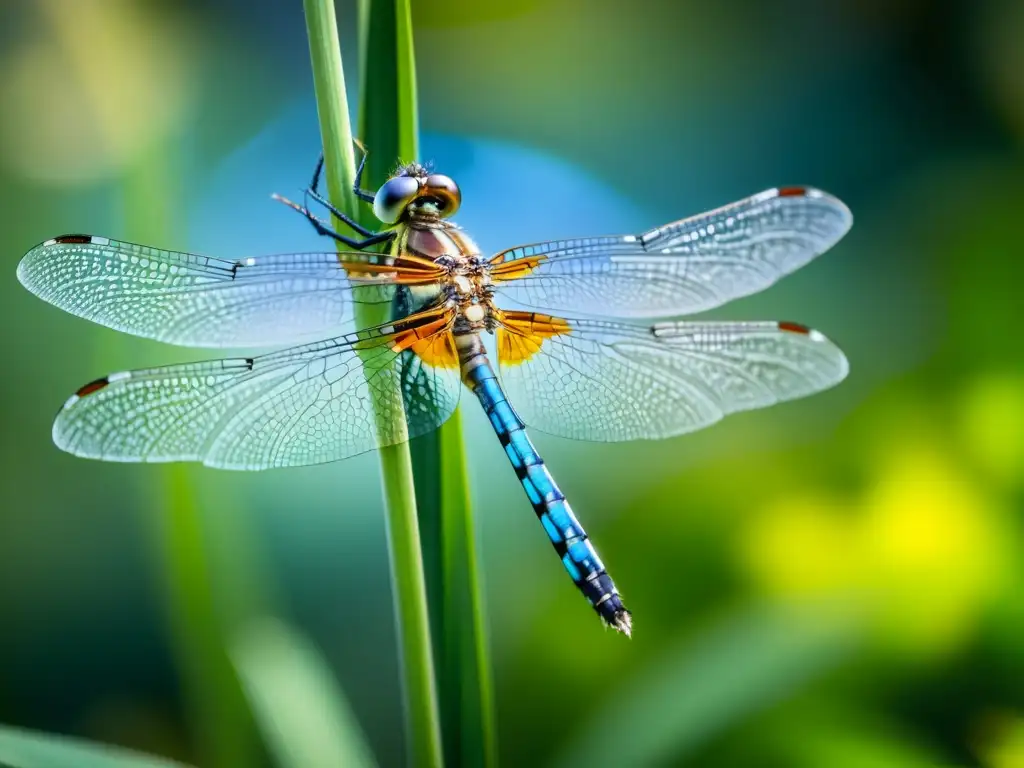 Una libélula delicada posada en una caña, con sus alas transparentes capturando la sensibilidad al viento en insectos voladores