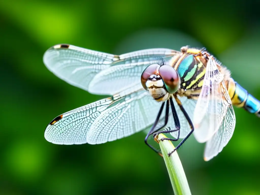 Una libélula en equilibrio sobre la hierba, con sus alas transparentes captando la luz del sol