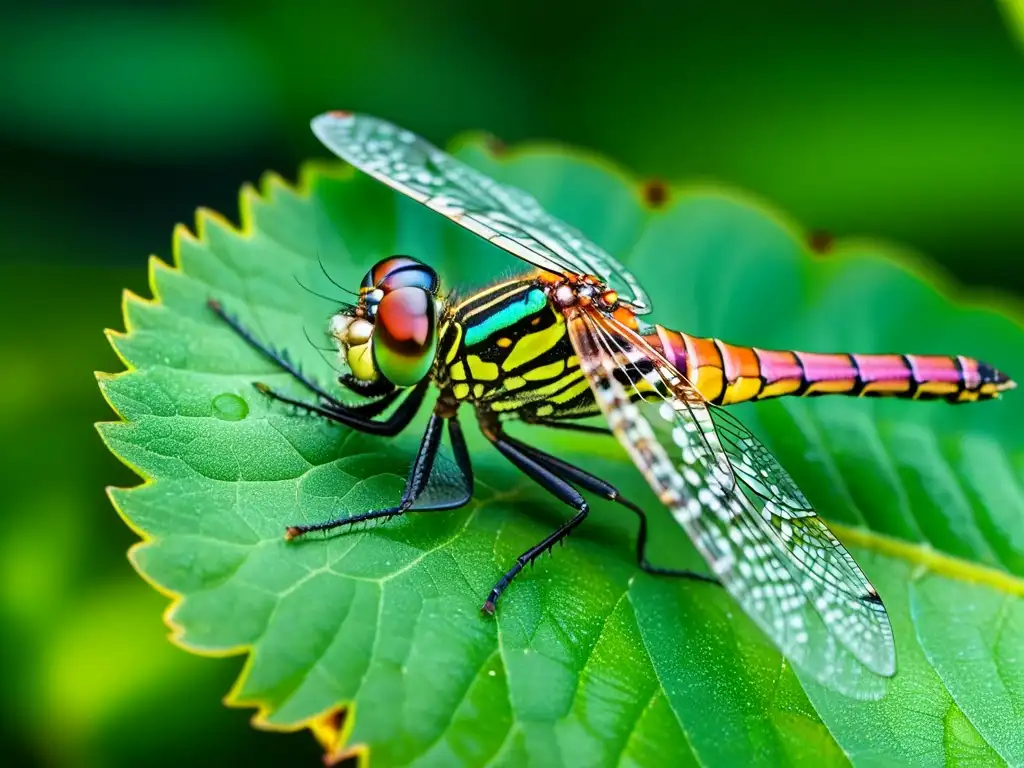 Una libélula reposa sobre una gota de agua en una hoja verde, resaltando la importancia de los insectos en la hidrología