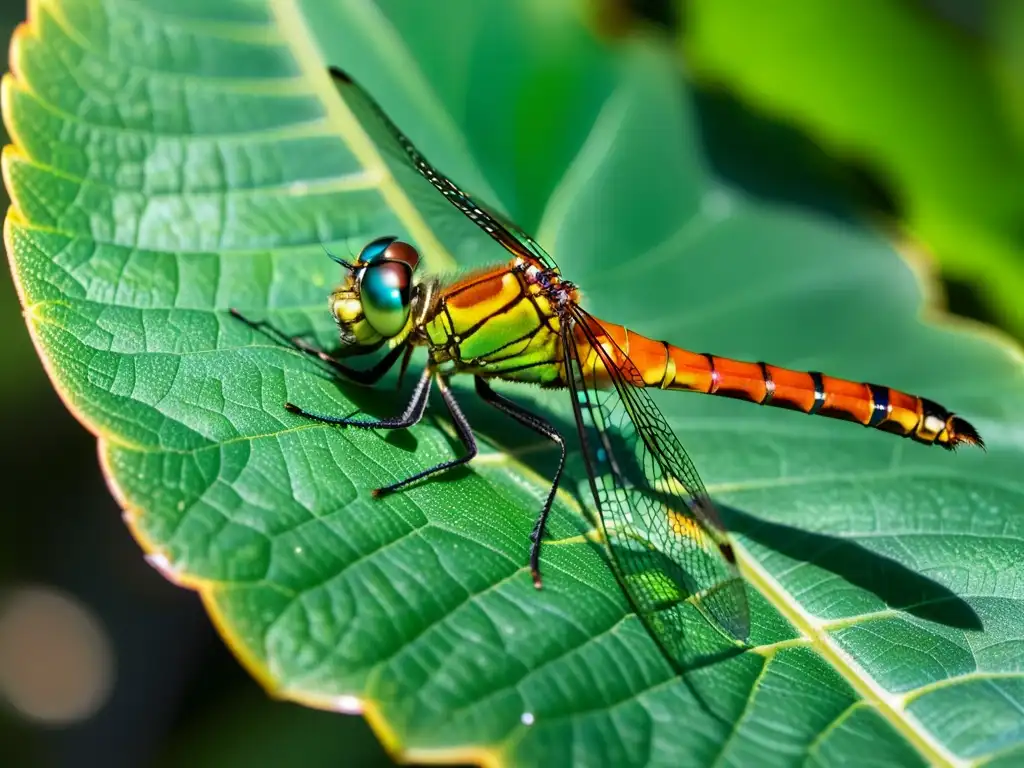 Una libélula reposa en una hoja verde, mostrando la belleza de la biomímesis en insectos