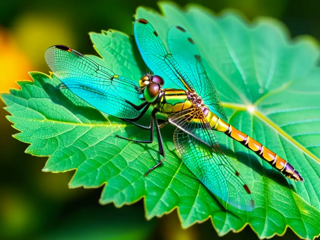 Una libélula iridiscente descansa en una hoja, sus alas reflejan un arcoíris