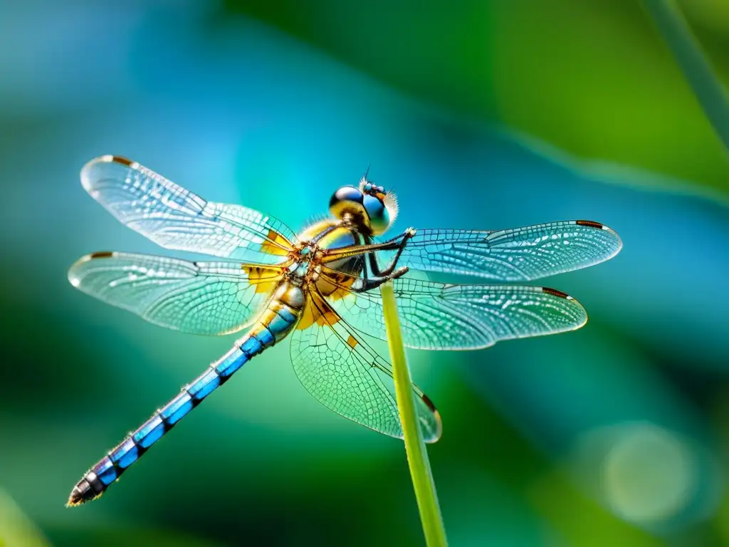 Una libélula iridiscente reposa sobre una hoja, destacando su belleza en la naturaleza