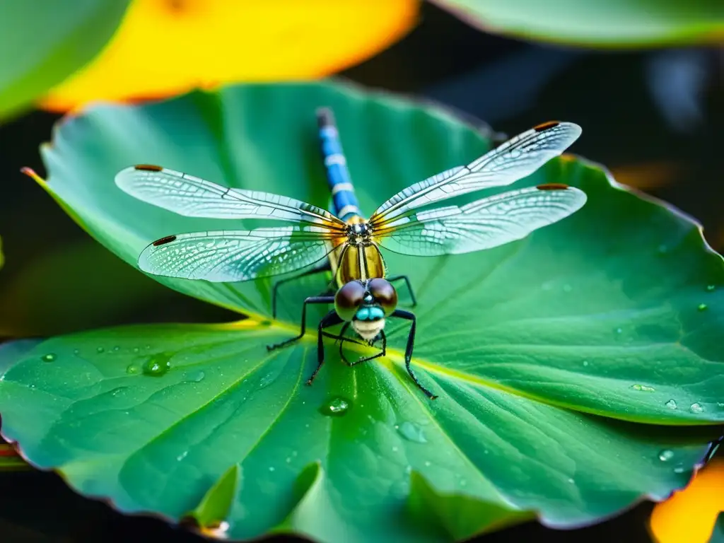 Una libélula en un nenúfar verde, reflejos de sus alas transparentes bajo el sol