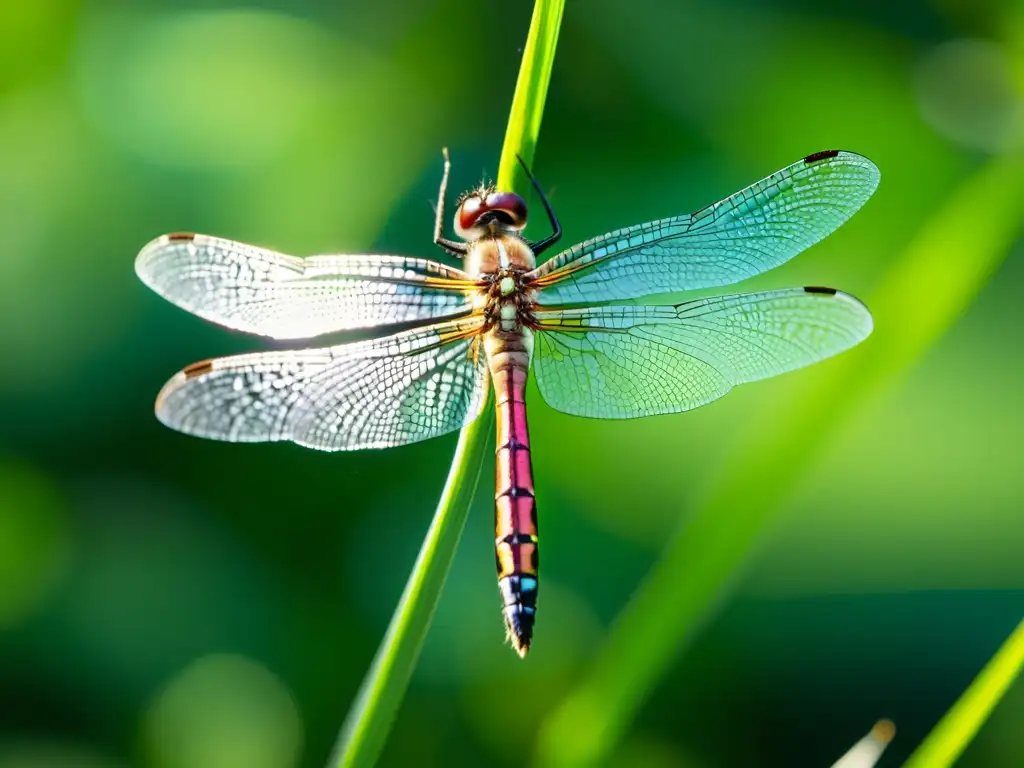 Una libélula reluciente sobre una brizna de hierba, desplegando sus delicadas alas con patrones iridiscentes, mostrando adaptaciones de insectos al clima extremo