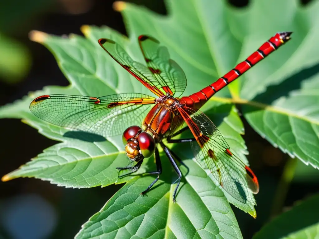 Una libélula roja vibrante descansa sobre una hoja verde, con sus alas translúcidas desplegadas