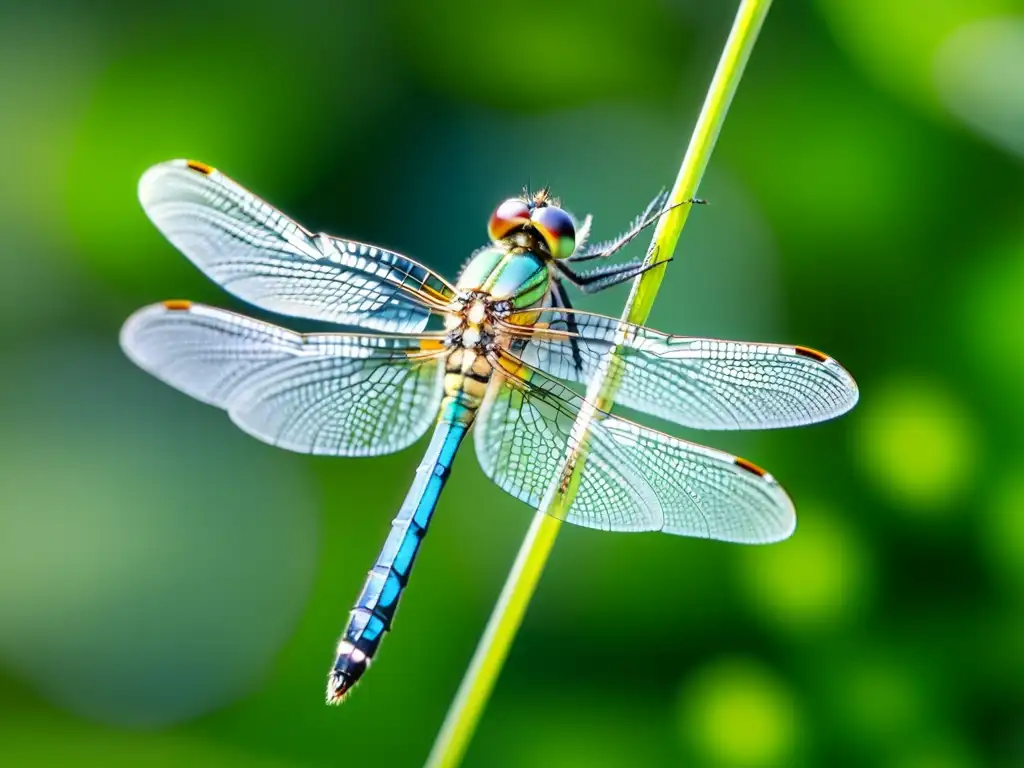 Una libélula verde iridiscente descansa en una brizna de hierba, mostrando la importancia ecológica de las libélulas en su hábitat natural