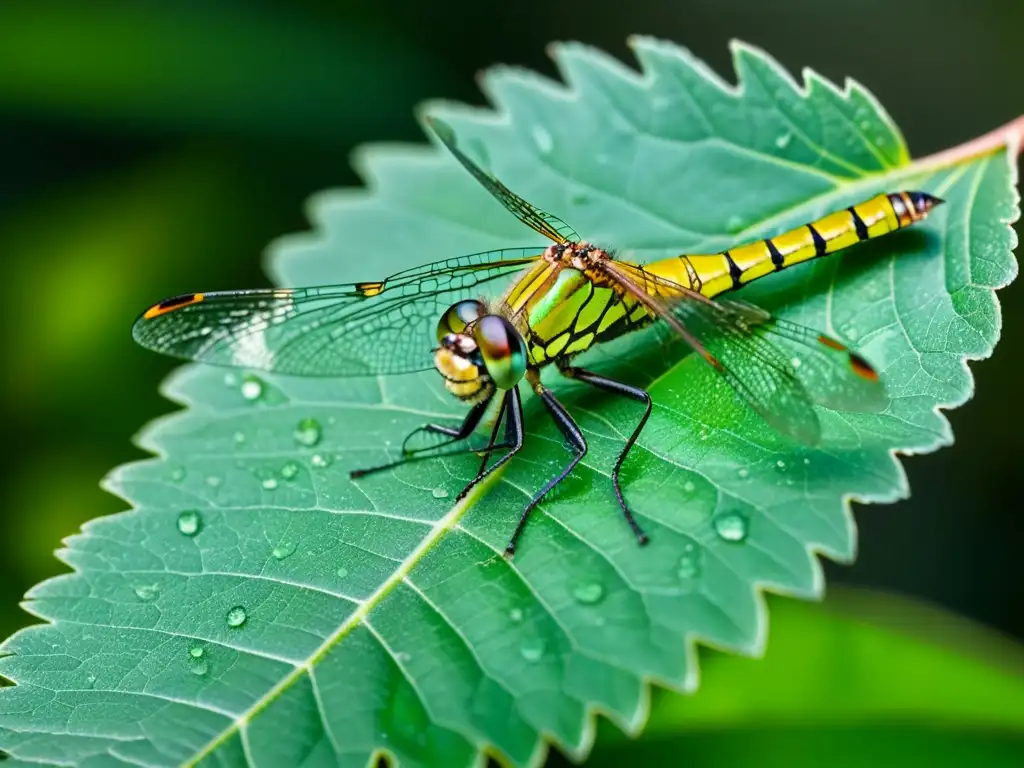 Una libélula verde metálica descansa en una hoja húmeda con sus alas brillantes en la suave luz matutina