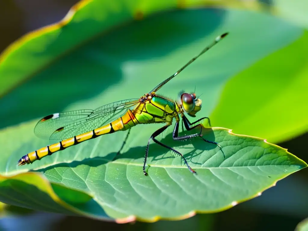 Una libélula verde vibrante descansa sobre una hoja de loto, con sus alas traslúcidas extendidas al sol