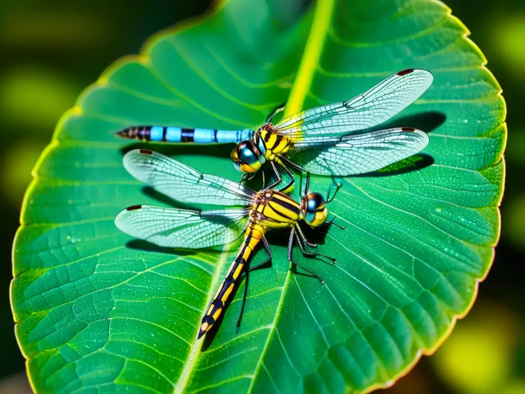 Dos libélulas se aparean en una hoja verde, mostrando detalladamente el proceso de reproducción en insectos