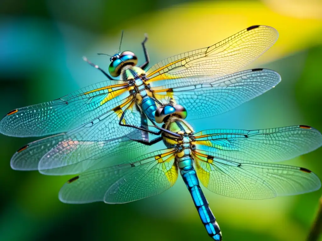 Comunicación iridiscente entre libélulas: una escena hipnótica Dos libélulas iridiscentes comunicándose mediante feromonas, con alas delicadas y antenas, creando una escena fascinante de la comunicación insectos