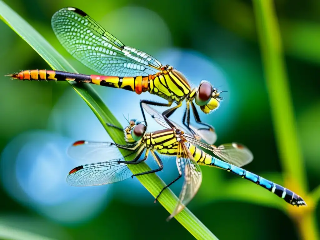 Dos libélulas en pleno vuelo, con sus alas translúcidas brillando bajo la luz del sol
