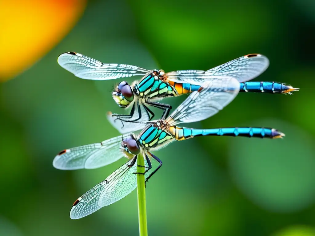 Detalle asombroso: Dos libélulas vibrantes en su hábitat natural Dos libélulas vibrantes, con alas translúcidas y cuerpos iridiscentes, posadas en un tallo