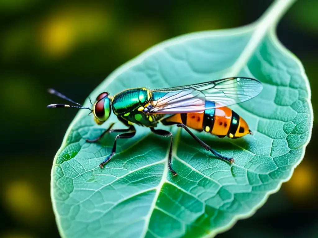 Una luciérnaga descansando en una hoja, con sus alas translúcidas desplegadas