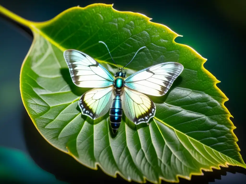 Una luciérnaga descansa en una hoja, sus destellos nocturnos iluminan el bosque