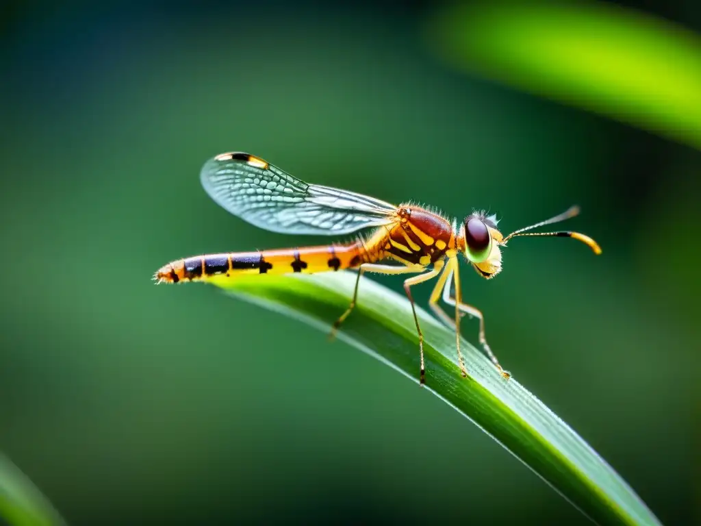 Una luciérnaga en la noche, con sus alas traslúcidas y el brillo de su abdomen, ilumina el verde intenso de la hierba