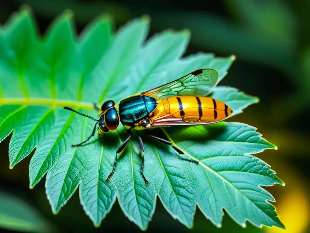 Una luciérnaga brilla en la oscuridad sobre una hoja verde, destacando su belleza y el significado mitológico de la luciérnaga