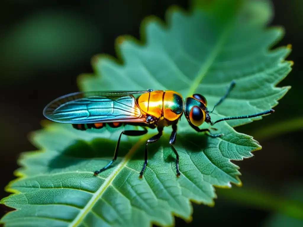 Una luciérnaga emite un suave resplandor verde en la oscuridad de la noche, mostrando la bioluminiscencia en insectos nocturnos