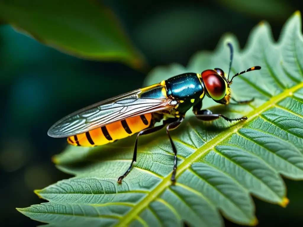 Un macho de luciérnaga emite una brillante señal bioluminiscente mientras está posado en una hoja en la oscuridad de la noche