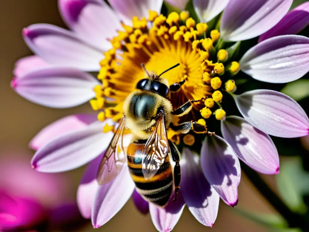 Un macro de una abeja cubierta de polen amarillo vibrante sobre una flor rosa, resaltando la importancia de los insectos polinizadores