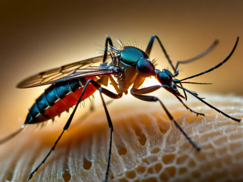 Macro de mosquito Anopheles alimentándose de brazo humano, destacando la amenaza de malaria y la necesidad de estrategias actuales erradicar malaria