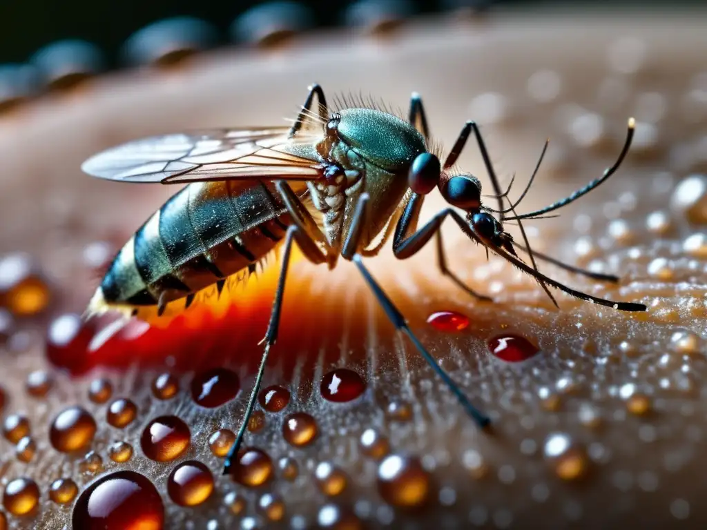 Macro detallado de mosquito picando la piel humana, mostrando estructuras agujas y gotas de sangre