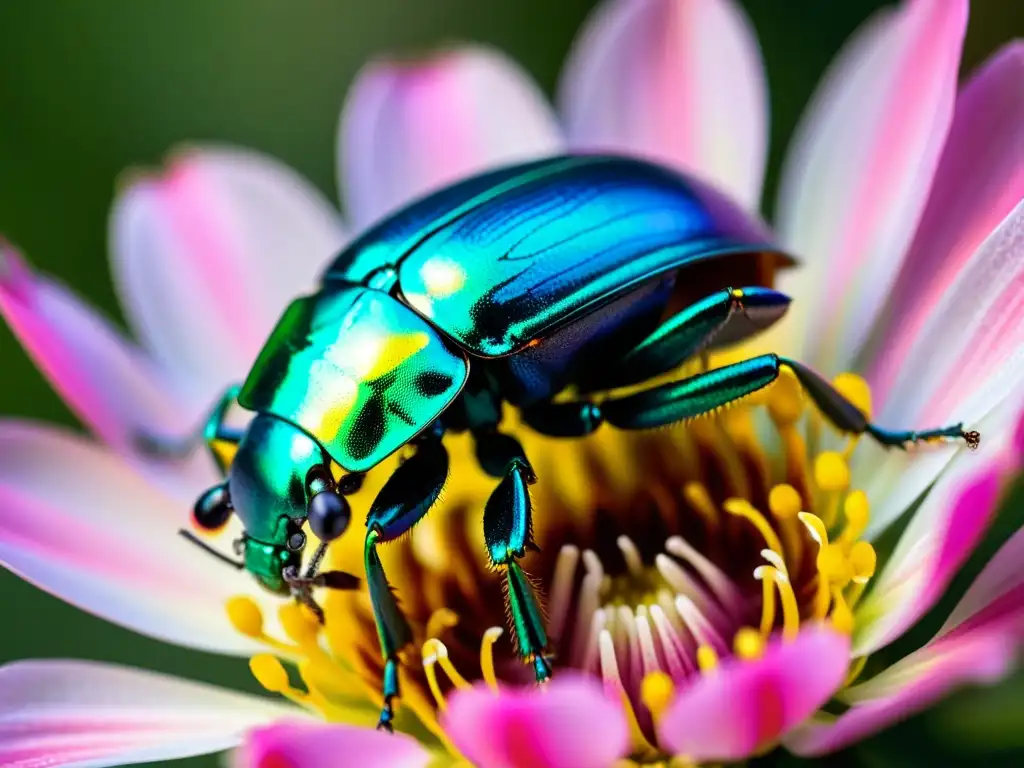 Un macro enfoque de un escarabajo iridiscente azul y verde sobre una flor rosa