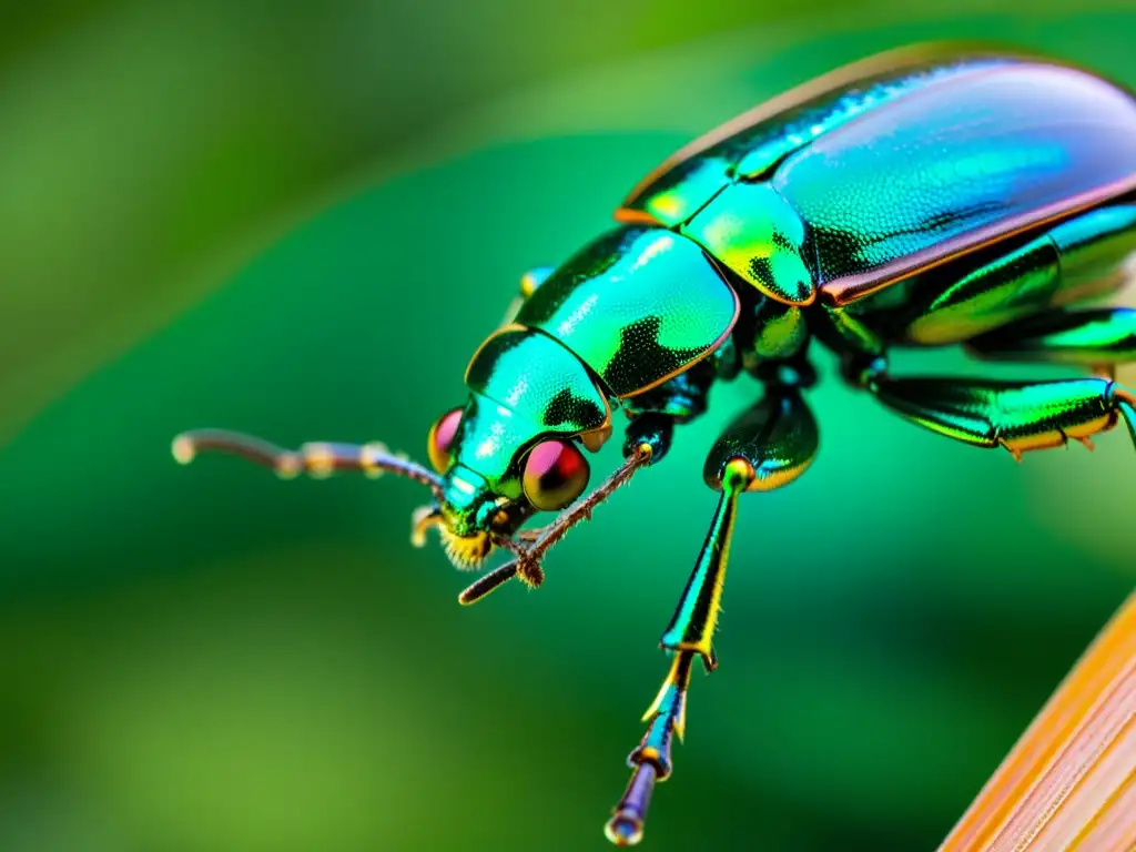 Macro de escarabajo verde en vuelo, mostrando su diseño iridiscente que inspira la innovación en vehículos aéreos