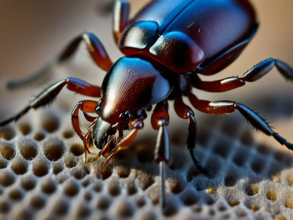 Macro imagen detallada de una garrapata de ciervo en etapa ninfal alimentándose de piel humana, destacando la enfermedad de Lyme en garrapatas