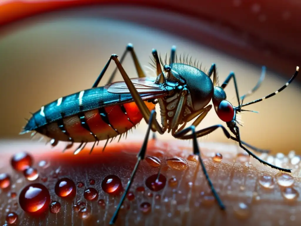 Macro imagen detallada de mosquito extrayendo sangre humana