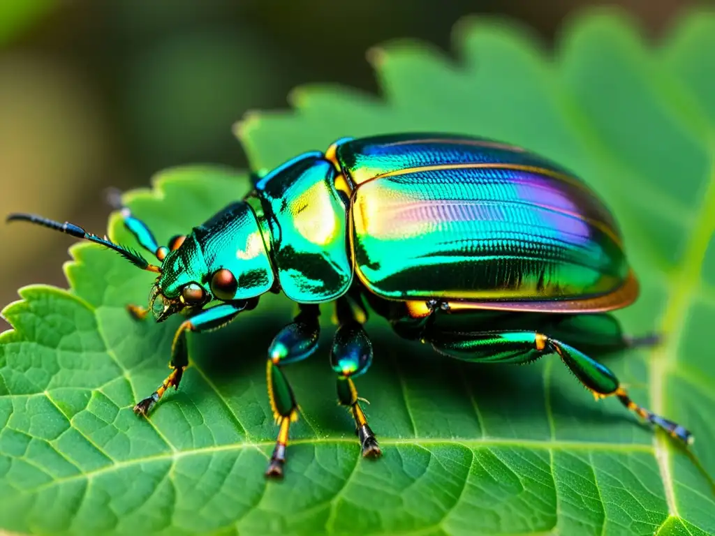 Macro imagen de un escarabajo iridiscente en una hoja, detallando su exoesqueleto brillante