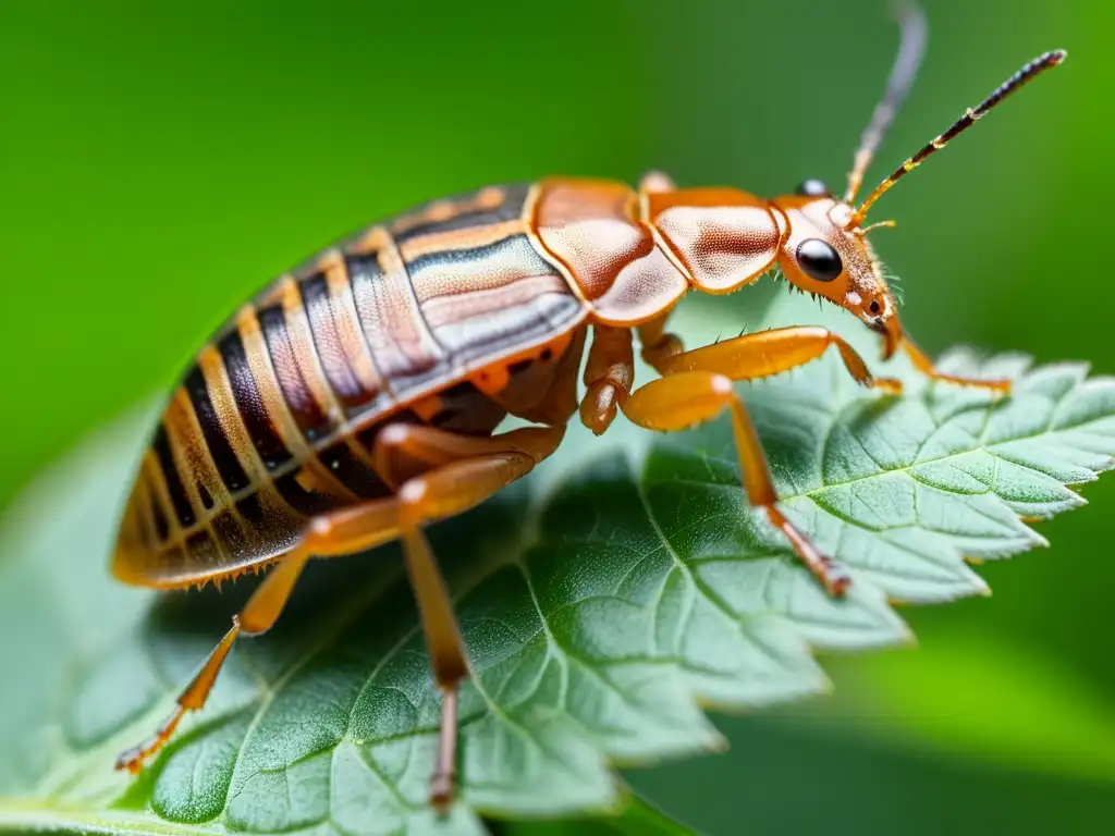 Una fotografía macro que muestra la importancia de la chinche en ecología al capturar los detalles de su cuerpo en una hoja verde