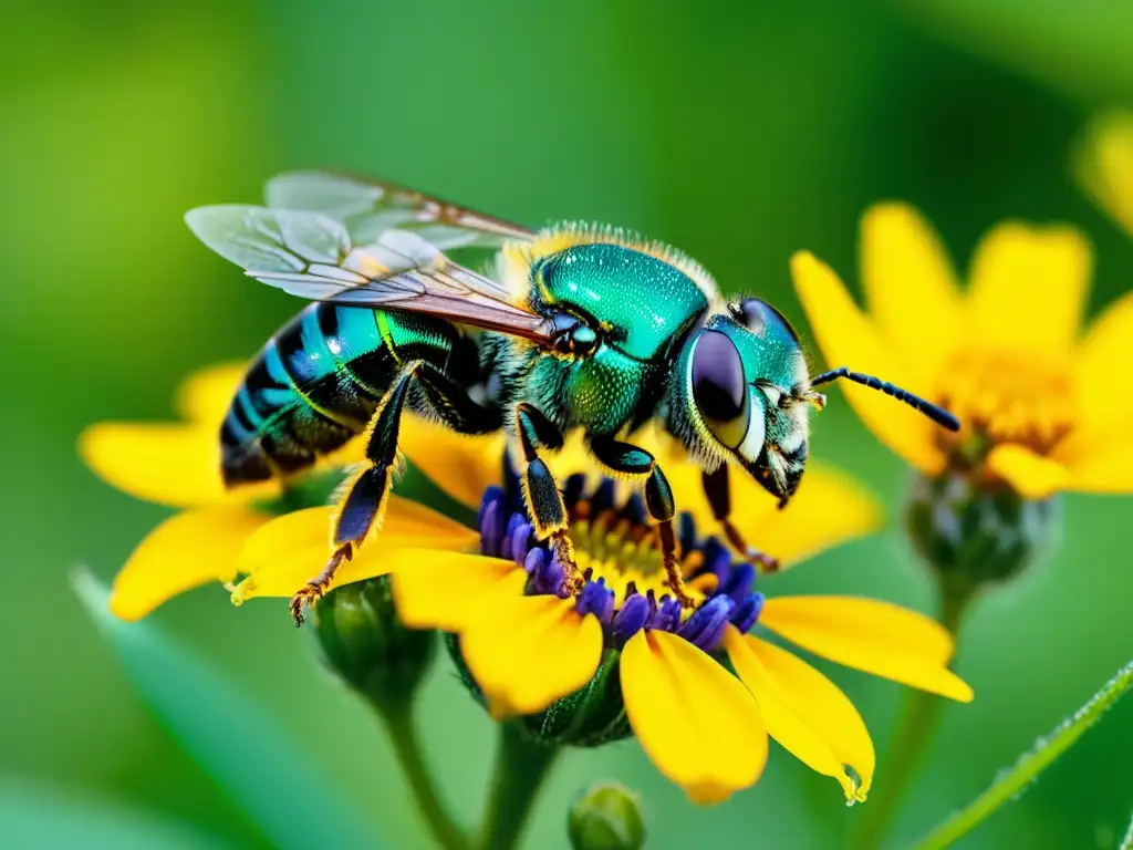 Un macro increíble: una abeja sudorosa metálica sobre una flor amarilla, rodeada de polen, con un fondo de naturaleza