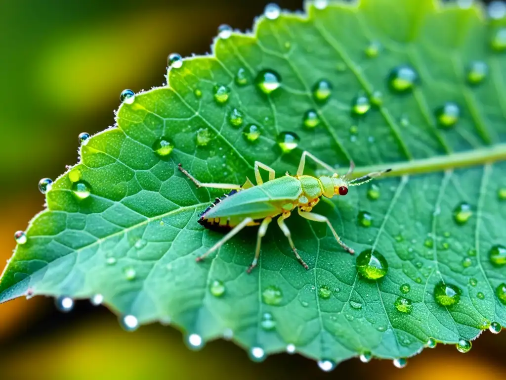 Un macro increíble de áfidos verdes en una hoja, con gotas de rocío brillando al sol