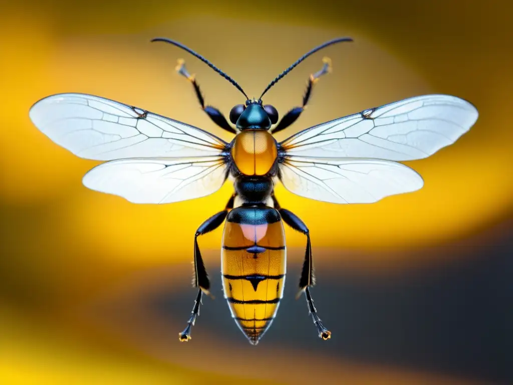 Fotografía macro de un insecto prehistórico en ámbar, destacando detalles intrincados