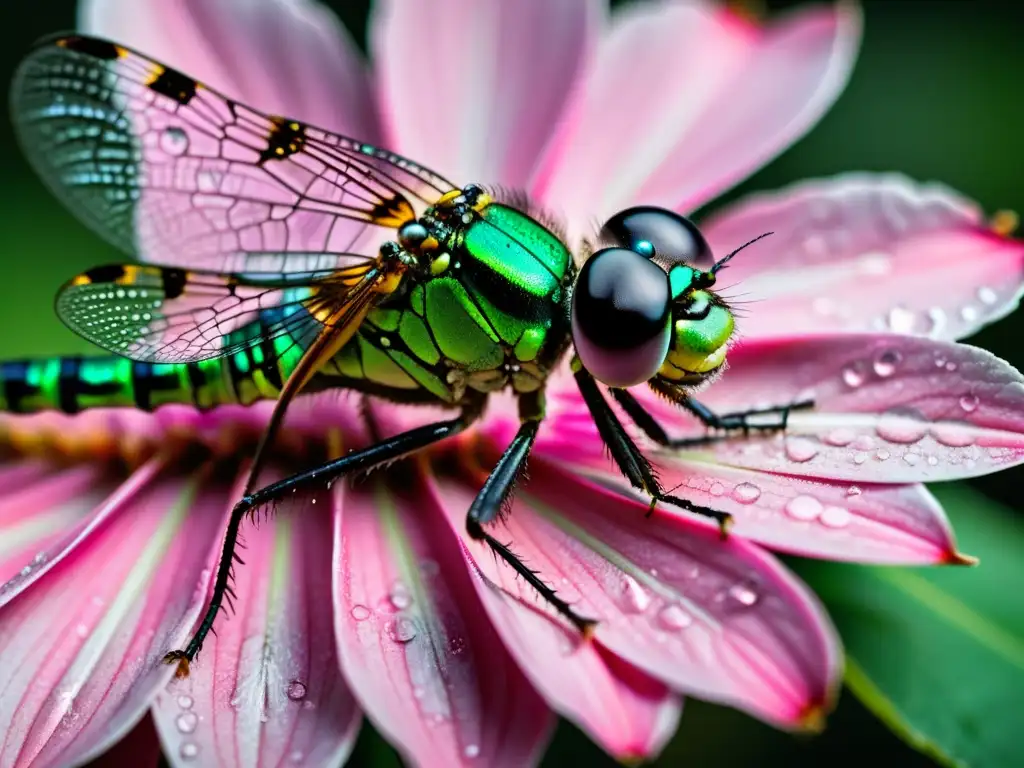 Una fotografía macro de insectos consejos: detallada imagen de una libélula verde y negra posada en un pétalo rosado con gotas de agua