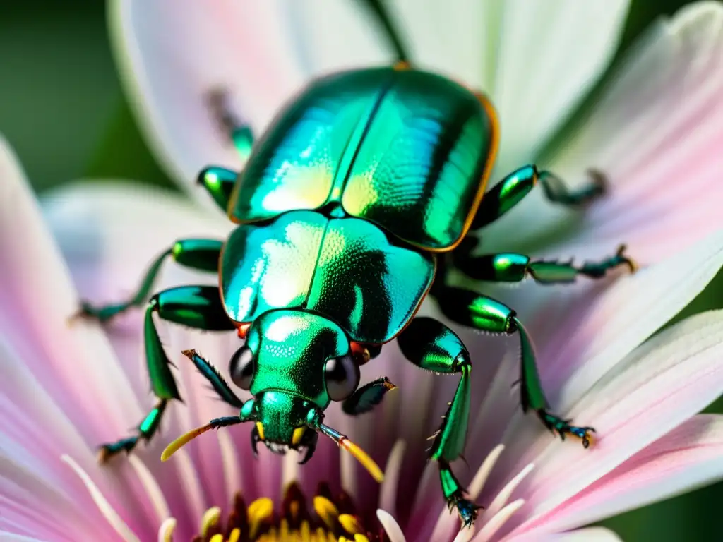 Fotografía macro de insectos: Detalle de un escarabajo metálico verde posado en un pétalo rosa, con su exoesqueleto brillante a contraluz