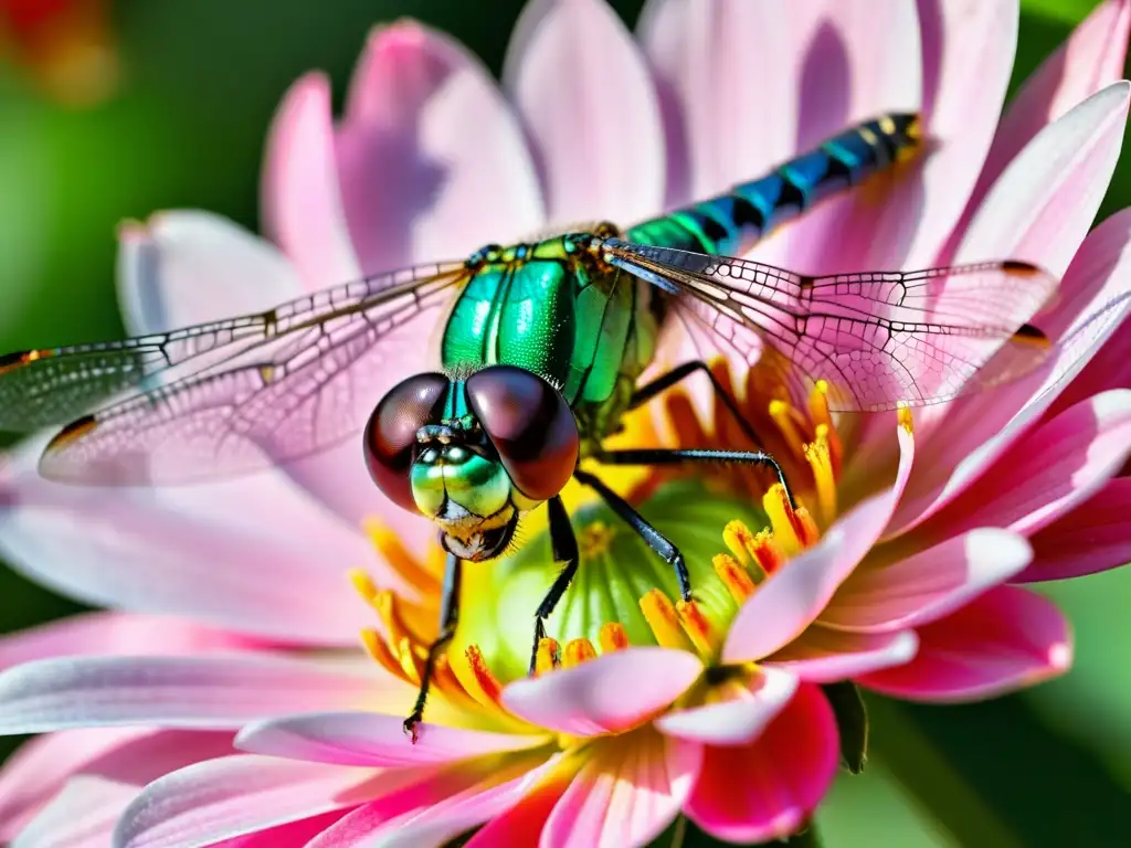 Una fotografía macro de insectos especializada captura la belleza detallada de una libélula verde vibrante posada en un pétalo de flor rosa