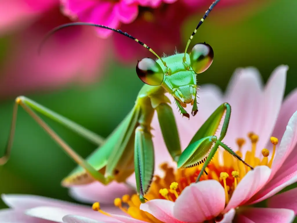 Una fotografía macro de insectos especializada muestra una detallada mantis verde sobre una flor rosada, con delicados detalles y una escena etérea