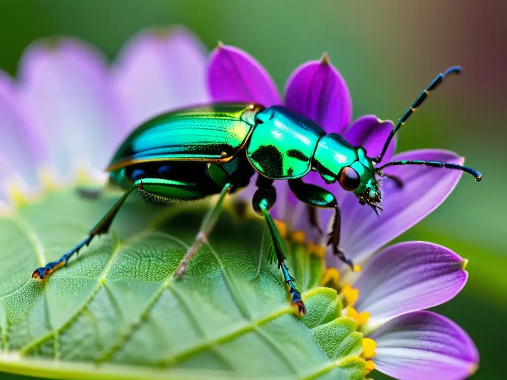 Fotografía macro de insectos especializada: Detalle de un escarabajo metálico verde sobre una flor morada, sus alas y antenas brillan al sol