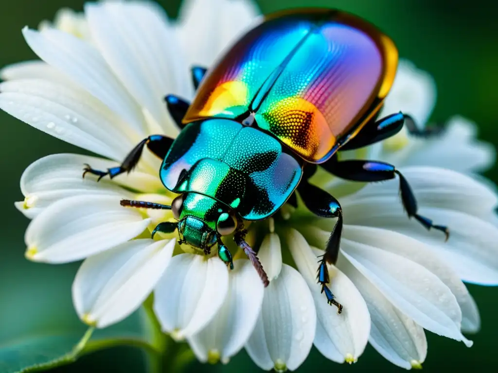 Una Fotografía macro de insectos especializada: un escarabajo irisado sobre una flor con gotas de rocío, en un ambiente mágico