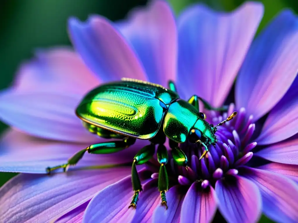 Una fotografía macro de insectos especializada muestra un escarabajo metálico verde sobre una flor morada, con detalles iridiscentes y gotas de rocío