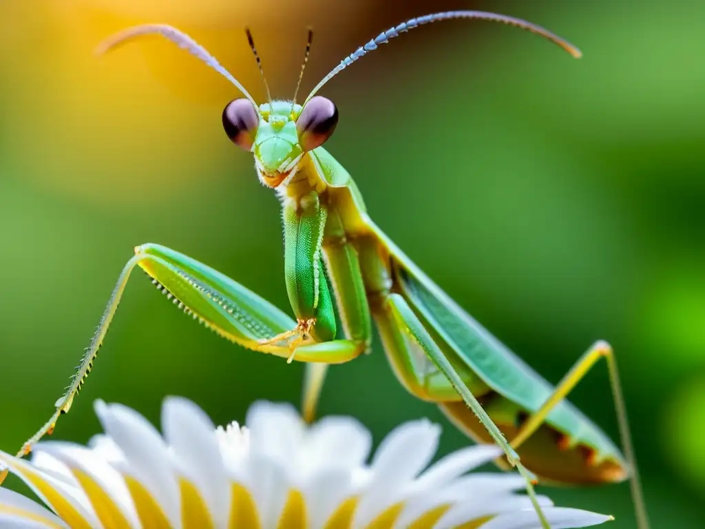 Una fotografía macro de insectos especializada, muestra una mantis religiosa verde vibrante posada en un pétalo delicado, con detalles impresionantes y una atmósfera etérea