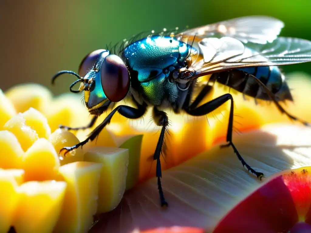 Un macro de una mosca de la casa posada en una fruta, sus alas irisadas y ojos multifacéticos brillan bajo el sol